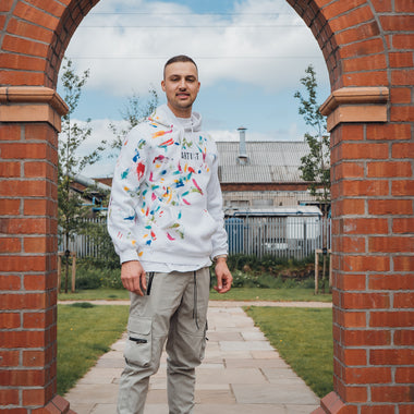 White Hoodie with multi coloured design