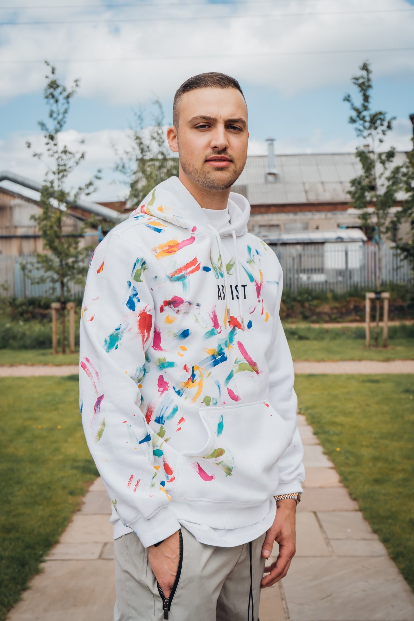 White Hoodie - Multi coloured hand-painted design