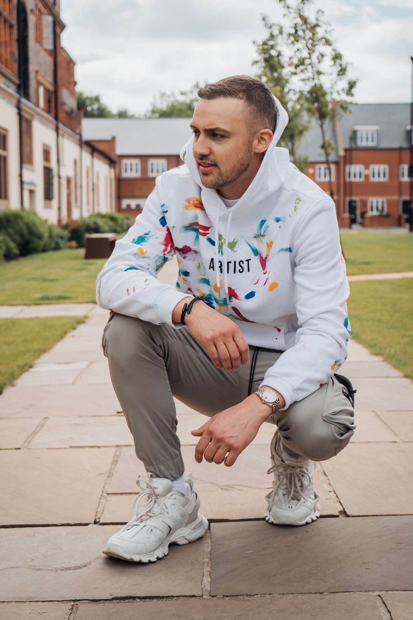 White Hoodie with multi coloured design
