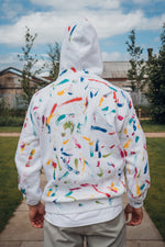 White Hoodie with multi coloured design