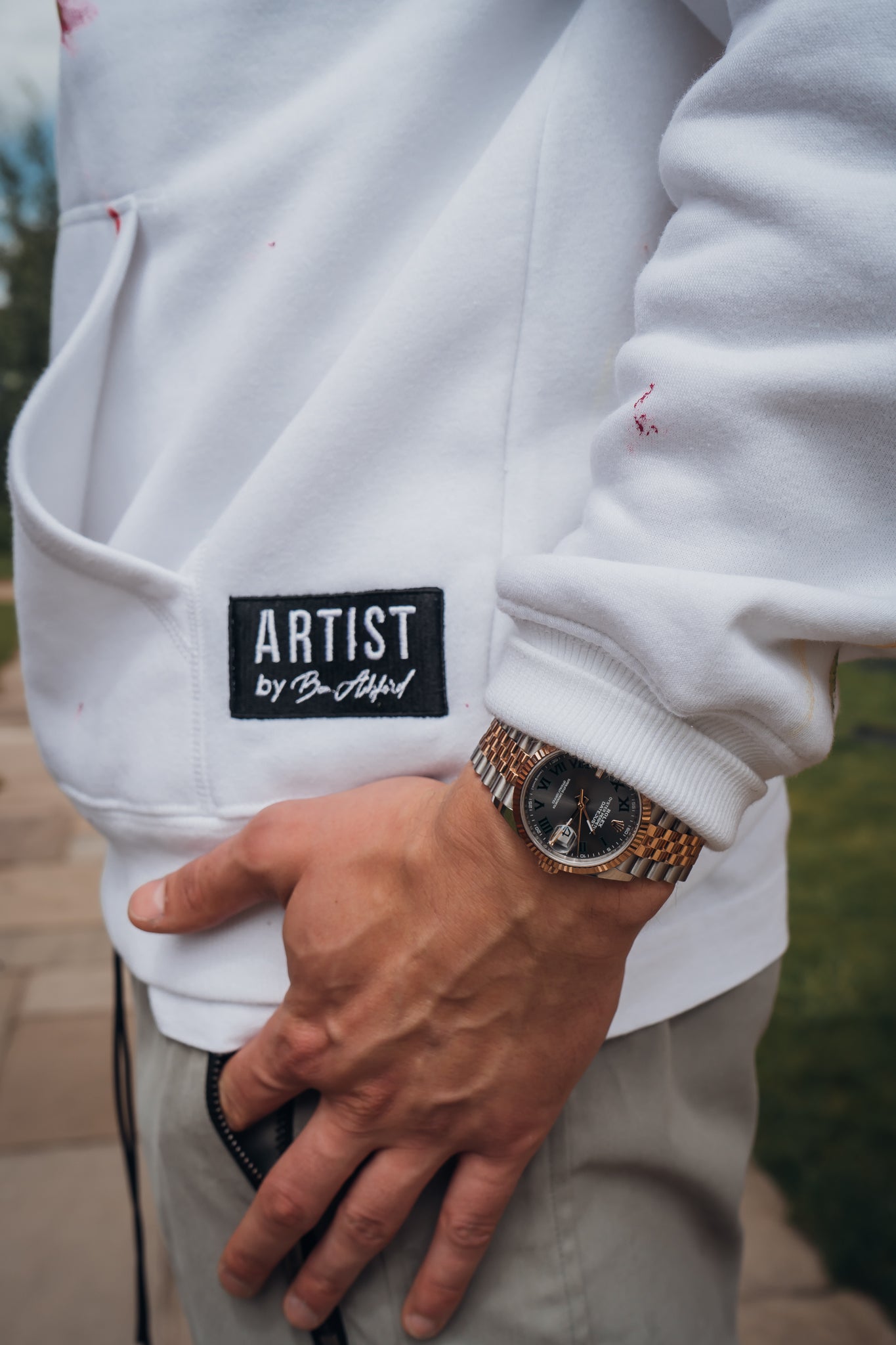 White Hoodie with multi coloured design