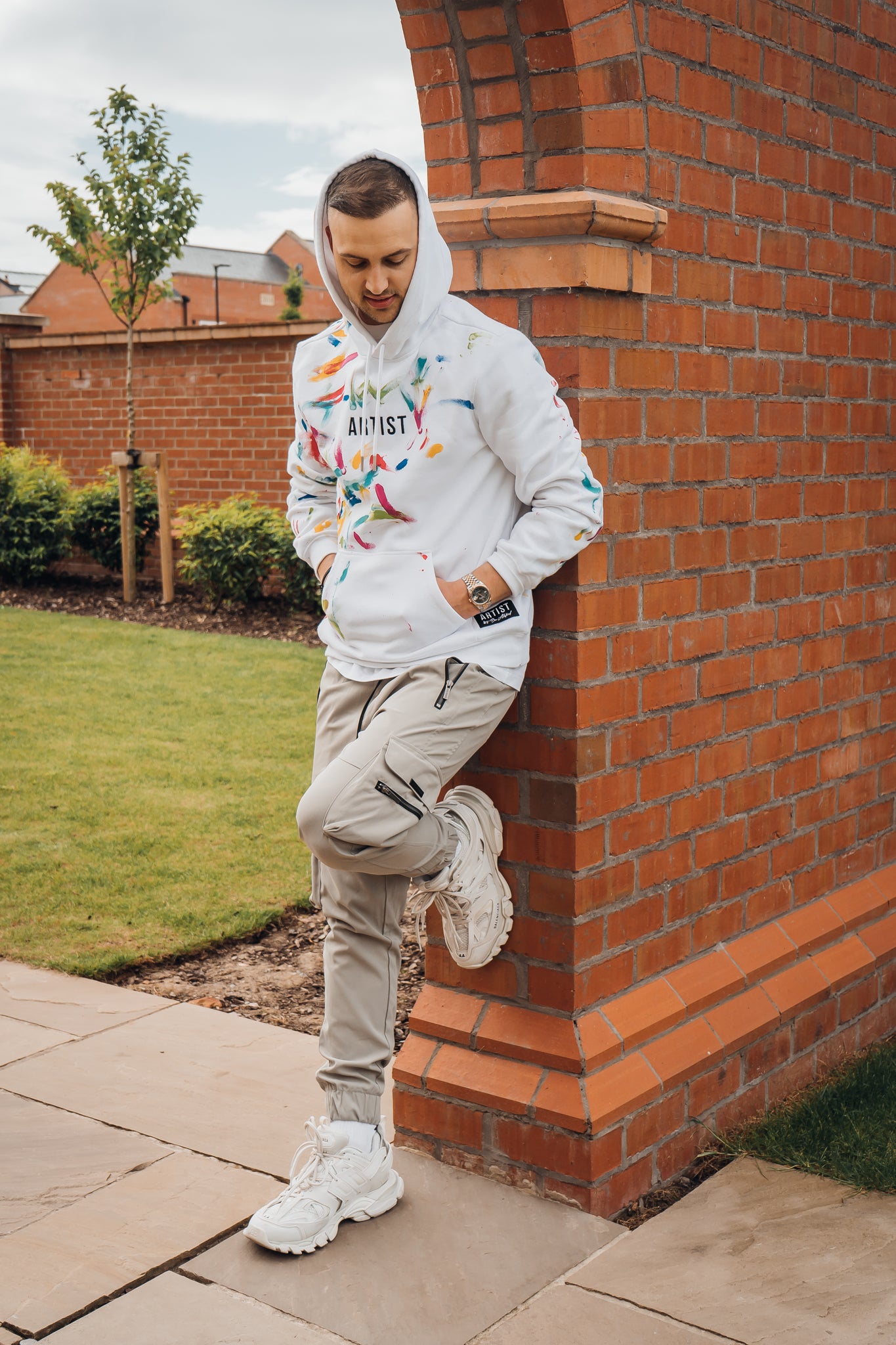White Hoodie with multi coloured design